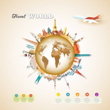 Mimarisi daire arkaplanda, küresel bilgi simgesi dünya mimarisi anıtları, dünya haritası ile çevrili turizm ile dünyayı dolaşmak. Vektör illüstrasyon bilgi grafikleri.