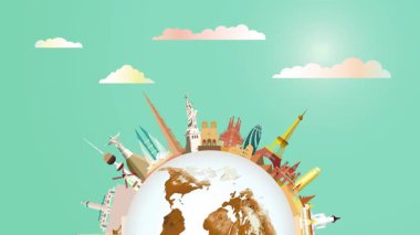 Yeşil arka planda, tatilde, dünya çapında gezici işaretler, 4K ile gezici animasyon afişleri. Gezgin dünya mirası ve dünyaca ünlü binalar.