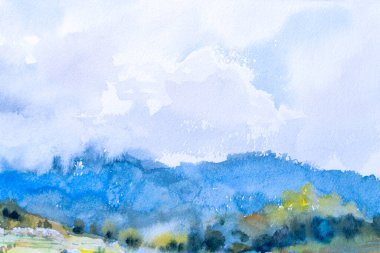 Dağ ve gökyüzü, bulut. Tayland 'da köy manzarası gezisi. Suluboya tabloların orijinali. Köy, pirinç tarlaları, arka plandaki çiftçi çiftliği boyası..