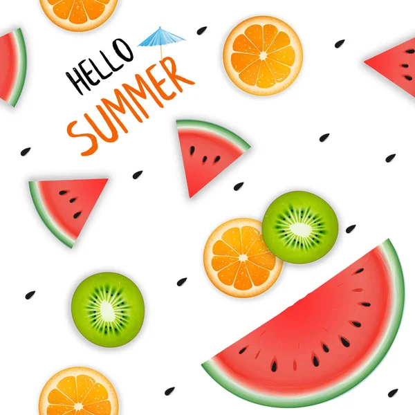 有橙子 猕猴桃和西瓜的无缝图案 夏季新鲜水果背景 — 图库矢量图片