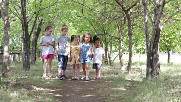 公園で子供たちの笑顔のグループは お互いを話します — ストック動画
