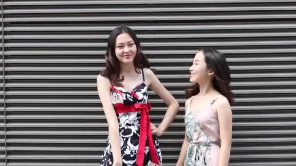 Asian Happy Women Portrait Wearing Dresses Posing Street — Video