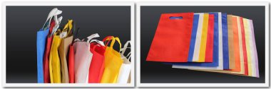 Harika renklerde alışveriş torbaları topluyor. Web sitesi ve sosyal ağlar için ECO alışveriş torbaları grubu. Satış için internet afişleri. Web sitesi için örülmemiş Torba Başlıklı Afiş. ECO Torbası Kullan.