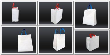 Harika renklerde alışveriş torbaları topluyor. Web sitesi ve sosyal ağlar için ECO alışveriş torbaları grubu. Satış için internet afişleri. Web sitesi için örülmemiş Torba Başlıklı Afiş. ECO Torbası Kullan.