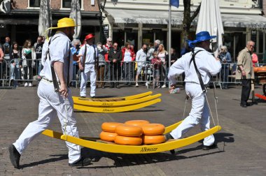 Alkmaar, Hollanda - 22 Nisan 2022: Bu tüccar pazarının Alkmaar, Hollanda 'daki geleneksel Peynir Pazarı' nda nasıl işlediğinin gösterimi sırasında kimliği belirsiz kişiler