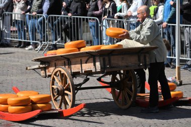 Alkmaar, Hollanda - 22 Nisan 2022: Bu tüccar pazarının Alkmaar, Hollanda 'daki geleneksel Peynir Pazarı' nda nasıl işlediğinin gösterimi sırasında kimliği belirsiz kişiler