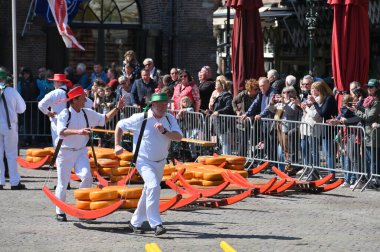 Alkmaar, Hollanda - 22 Nisan 2022: Bu tüccar pazarının Alkmaar, Hollanda 'daki geleneksel Peynir Pazarı' nda nasıl işlediğinin gösterimi sırasında kimliği belirsiz kişiler