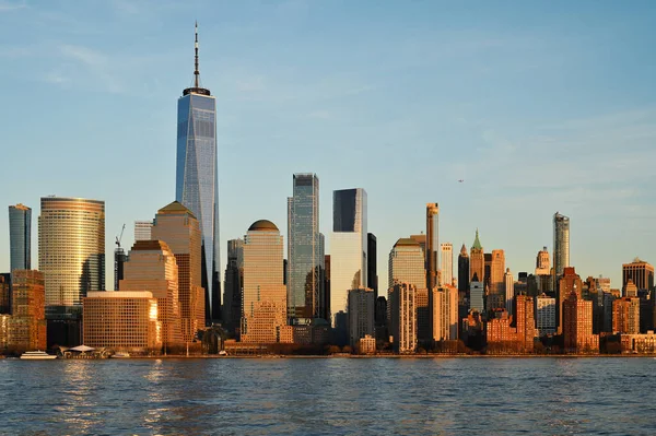 Manhattan Skyline Hudson Folyó Felett Naplementekor New Yorkban — Stock Fotó
