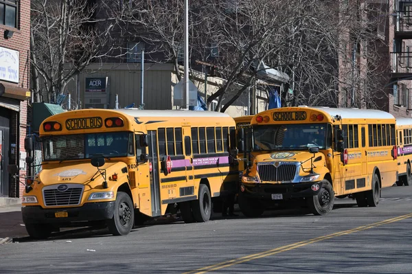Нью Йорк Февраля 2023 Года Желтые Школьные Автобусы Дороге Возле — стоковое фото