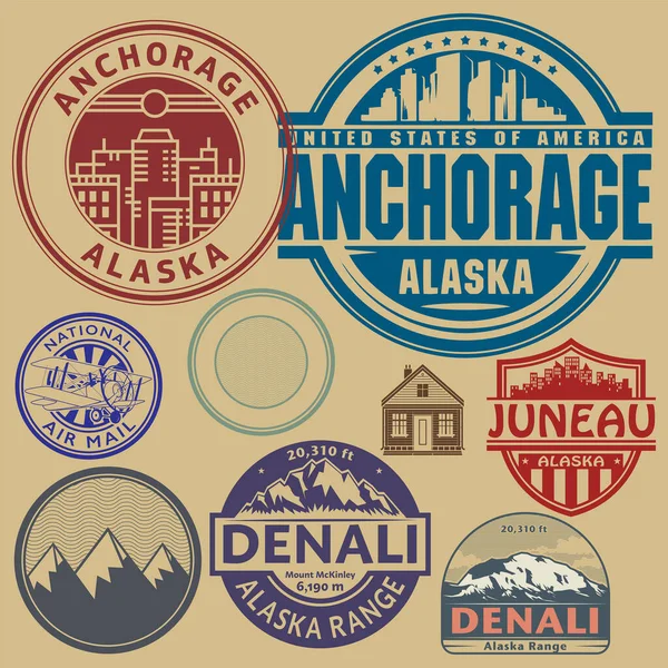 Francobolli Astratti Emblemi Con Nome Dell Alaska Illustrazione Vettoriale — Vettoriale Stock