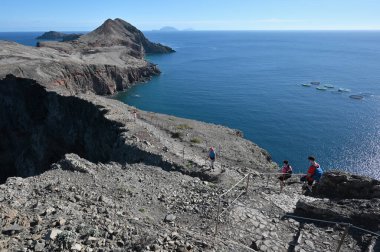 Madeira, November 30, 2022: Unidentified people walking on Ponta de Sao Lourenco hiking trail in Madeira island. Portugal