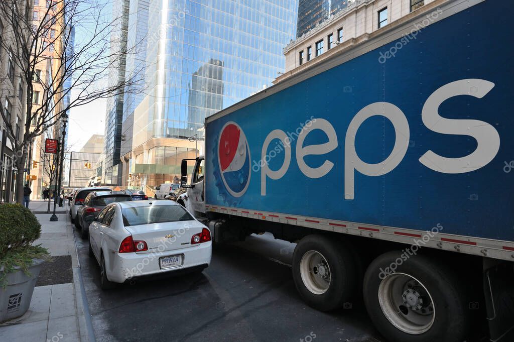 New York, USA - February 15, 2023: Pepsi delivery truck on street in Manhattan, New York, United States