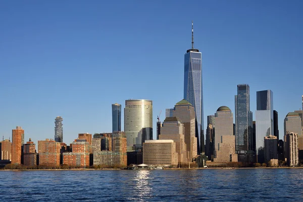 新泽西州市 新泽西州 2023年2月14日 纽约曼哈顿市中心的日落时间 从泽西海滨看风景 — 图库照片