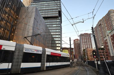 Jersey City, NJ, USA - February 14, 2023: modern buildings and city crossroad at morning, Jersey City