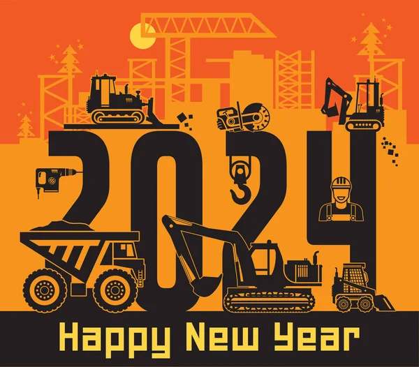 Industrial Building Construction Machinery Happy New Year 2024 Card Vector — Stock Vector