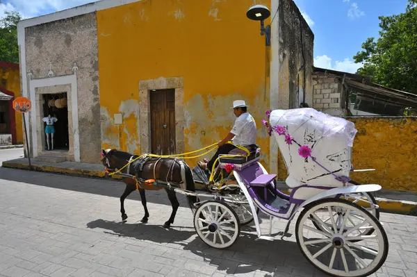 Izamal, Meksika - 19 Temmuz 2023: Izmal şehrinin eski Meksika caddesindeki at arabası