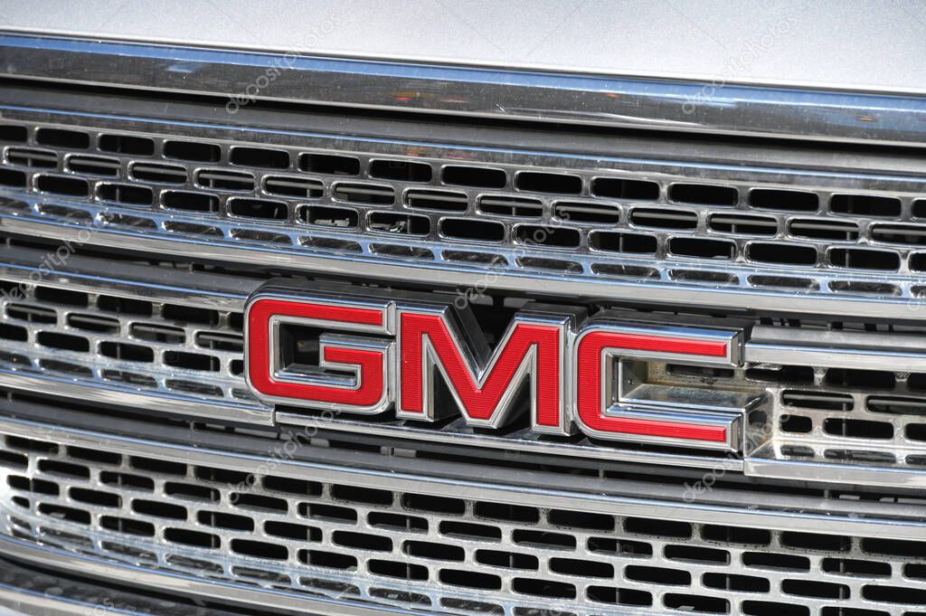 New York City - February 18, 2023: GMC logo on the grill of a pick up truck in Manhattan, in New York City, United State