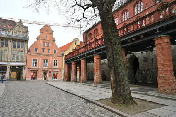 Stralsund, Germany - April 14, 2023: Typical architecture at old town of Stralsund. The historic Stralsund old town island is a UNESCO World Heritage Site