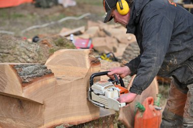 Kaunas, Litvanya - 21 Mart 2024: Tanımlanamayan bir adam 21 Mart 2024 tarihinde Kaunas 'ta Stihl testeresiyle odun kesti. Stihl, Alman elektrikli testere ve diğer el teçhizatı üreticisi.