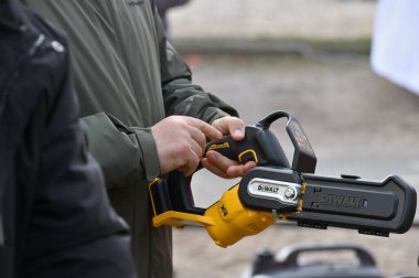 Vilnius, Lithuania - March 21: DeWalt power tools in Vilnius on March 21, 2024. DeWalt is an American worldwide brand of power tools and hand tools for the construction clipart
