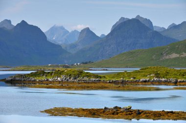 Lofoten adalarındaki fiyort kıyısındaki kayalıklar ve tepeler. Kuzey İskandinav manzarası