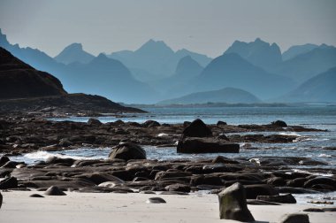 Lofoten adalarındaki fiyort kıyısındaki kayalıklar ve tepeler. Kuzey İskandinav manzarası