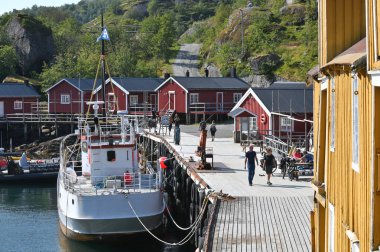 Norveç., Hamnoy Köyü - 08 Ağustos 2023. Reinefjord 'daki Tipik Norveç balıkçı köyü, Lofoten adalarındaki Hamnoy Köyü..