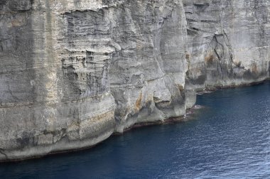 Güneşli bir günde kayalık kıyı manzarası. Gozo Adası, Malta. Avrupa. Akdeniz