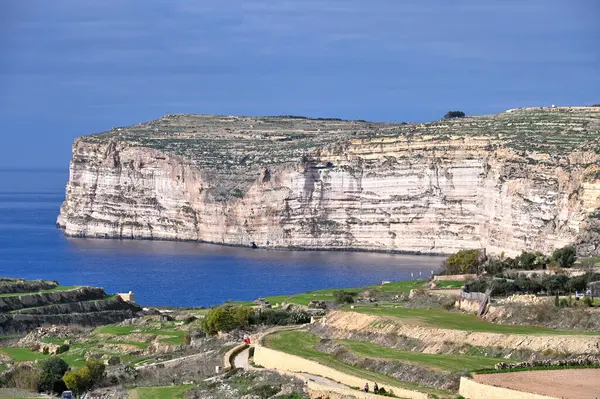 Güneşli bir günde mavi gökyüzü ile kayalık kıyı manzarası. Gozo Adası, Malta. Avrupa. Akdeniz