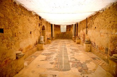 Piazza Armerina, İtalya, 01 Kasım 2023: Villa Romana del Casale Piazza Armerina, Sicilya, İtalya. UNESCO Dünya Mirası Alanı