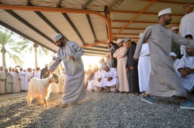 Nizwa, Umman - 25 Ekim 2024: Umman, Nizwa 'daki Keçi Pazarında geleneksel kostümlü tanımlanamayan Umman erkekleri