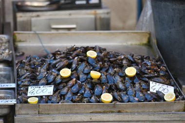 Buzlu taze midye yığını. Buz balık pazarında gümüş balık yığını