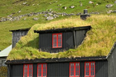 Danimarka 'nın Faroe Adaları' ndaki tipik çatı evleri.