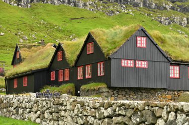 Faroe Adaları, 15 Ağustos 2024: Danimarka 'nın Faroe Adaları' ndaki tipik çatı evleri.