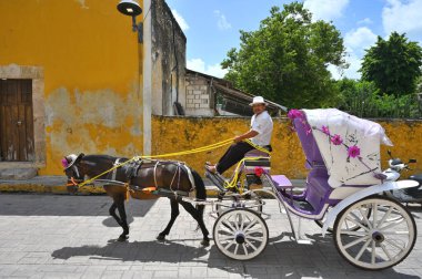 Izamal, Meksika - 19 Temmuz 2023: Izmal şehrinin eski Meksika caddesindeki renkli koloni tarzı binalarda at arabası