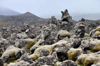 İzlanda 'nın İzlanda Dağları, İskandinavya' da bir lav alanında volkanik kül ve lav oluşumları