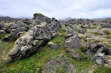 İzlanda 'nın İzlanda Dağları, İskandinavya' da bir lav alanında volkanik kül ve lav oluşumları