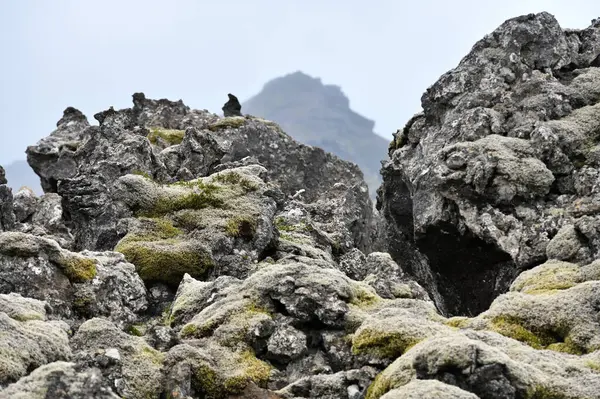 İzlanda 'nın İzlanda Dağları, İskandinavya' da bir lav alanında volkanik kül ve lav oluşumları