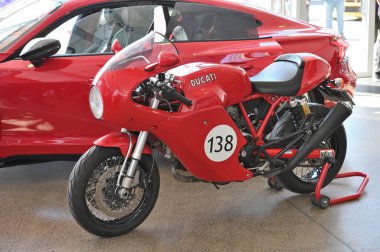 Vilnius, Lithuania - April 04, 2025: old italian racing motorcycle Ducati in Vilnius, Lithuania. Car exhibition Classic Auto in Vilnius, capital of Lithuania