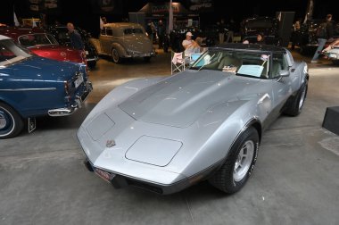 Vilnius, Lithuania - April 04, 2025: Chevrolet Corvette C3 car. Car exhibition Classic Auto in Vilnius, capital of Lithuania