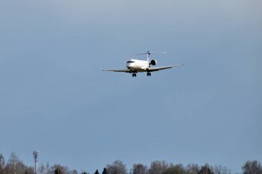 Lithuania, Vilnius, - April 08, 2025:  SAS Scandinavian Airlines Bombardier CRJ-900 airplane landing in Vilnius airport, Lithuania.