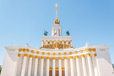 MOSCOW, RUSSIA - JUNE 17, 2021: Moscow city architecture of Soviet period. VDNKh, Exhibition of Achievements of National Economy, building of Pavilion 1, Central VDNKh Pavilion. All Russian Exhibition Center