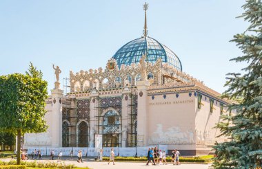 MOSCOW, RUSSIA - JUNE 17, 2021: Moscow city architecture of Soviet period. VDNKh, Exhibition of Achievements of National Economy, building of Pavilion Republic of Kazakhstan. All Russian Exhibition