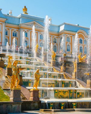 PETERHof, Rusya - 11 Haziran 2021. Büyük Saray 'daki Büyük Şelale Çeşmeleri' nin elementi. Müze kompleksinin bir kısmı parklarla, mimari çevrelerle ve havuzlu bahçelerle dolu.