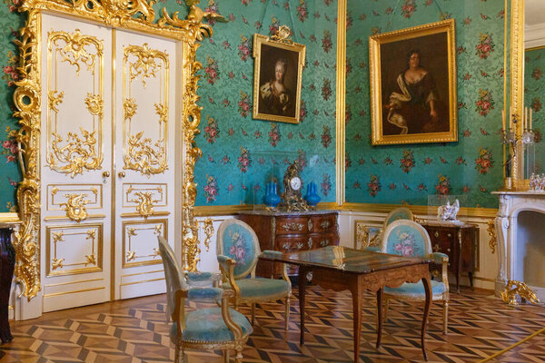 PETERHOF, RUSSIA - JUNE 11, 2021. Part or element of the interior of the main Grand Palace on the territory of the Peterhof museum complex with parks, architectural ensembles and landscaped gardens