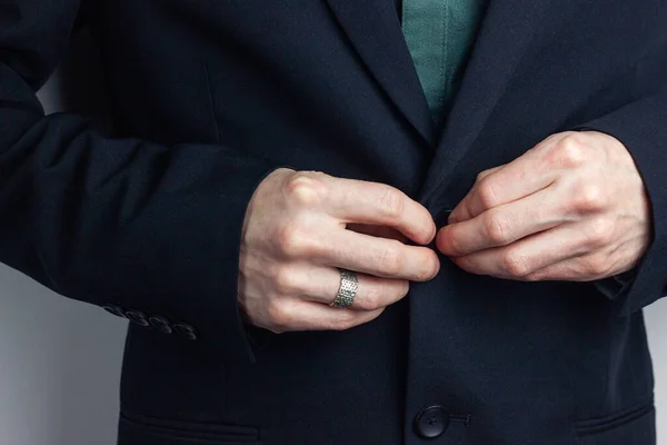 Male Hands Businessman Business Suit Ring His Finger Fasten Button — Stock Photo, Image