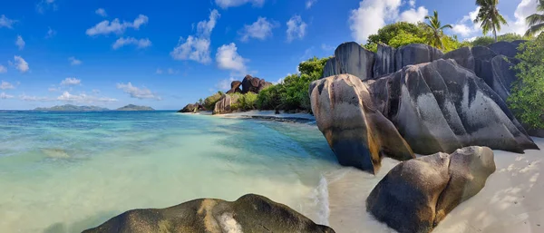 Panoramautsikt Över Stranden Anse Source Argent Digue Seychellerna — Stockfoto