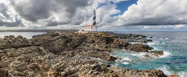 Panoramatický Výhled Maják Favaritx Severním Pobřeží Menorky Baleárské Ostrovy Royalty Free Stock Obrázky