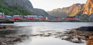 Balık köyü Nusfjord 'da akşam ışığı (Lofoten, Norveç)