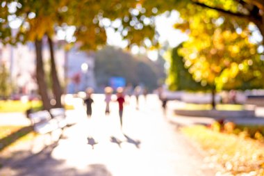 Sonbahar ya da sonbahar soyut doğa arka planı, güz ağaçları ve parktaki yaprakların kasıtlı olarak bulanık arkaplanı, sihirli ışıklar, odak dışı altın ışıklar, parkta yürüyen insanların doğal arka planı